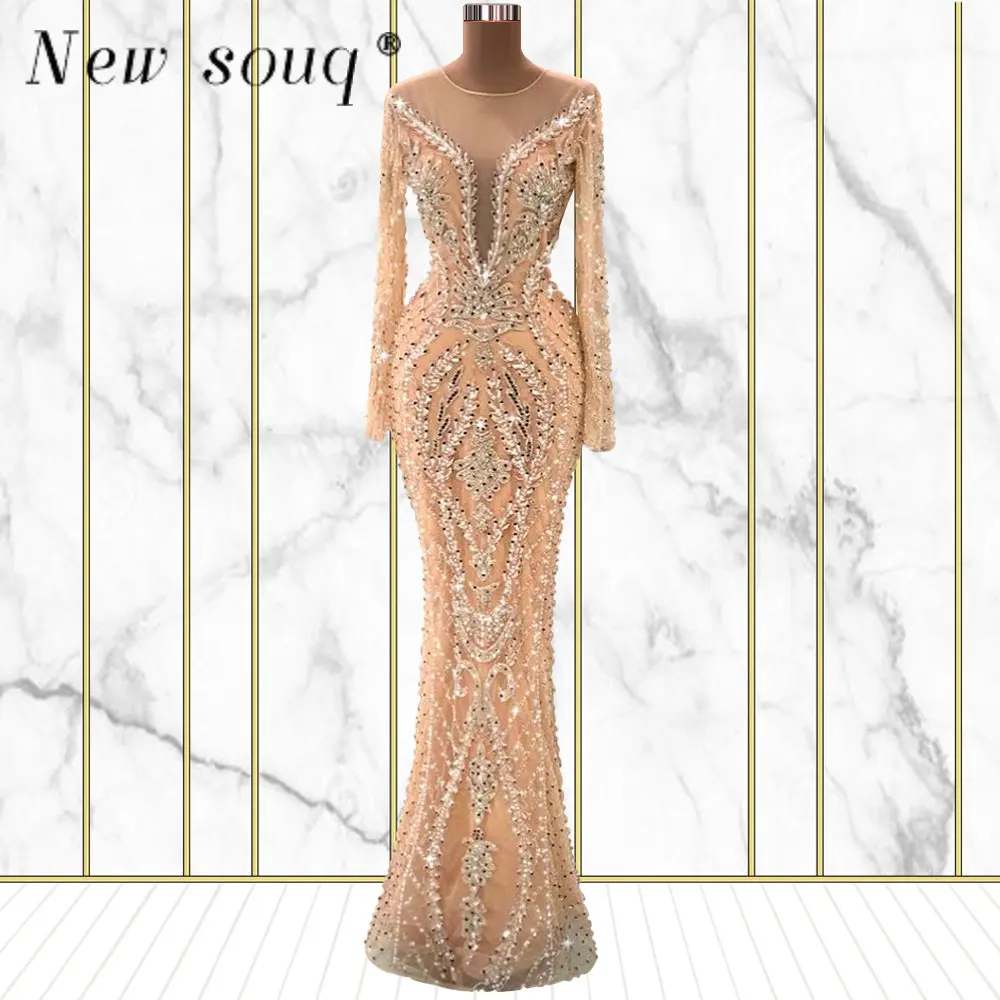 Nude Mermaid Elegant Arabic Full Sleeve Evening Dresses Glitter Sequins Long Formal Banquet Party Grand Event Gowns Customized