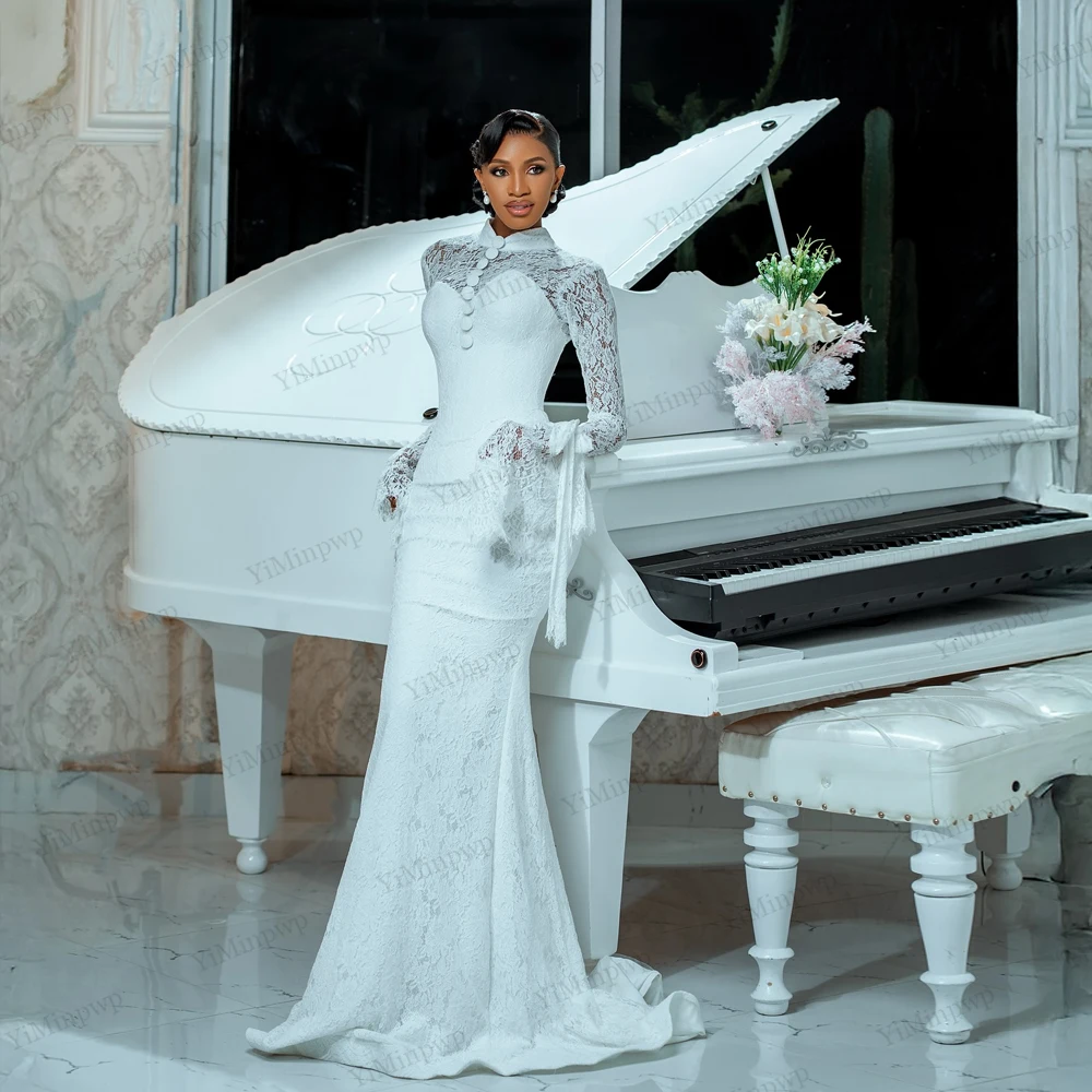 Gaun Pengantin Afrika dengan Aplikasi Renda Mewah, Kerah Tinggi, Lengan Panjang, 2 in 1 dengan Ekor yang Dapat Dilepas, Gaun Pengantin dengan Kancing, Dapat Disesuaikan
