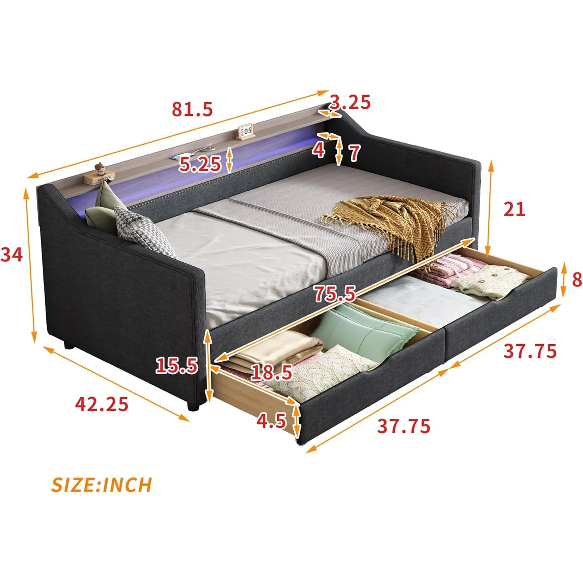 Upholstered Daybed with Two Drawers and 2-Tier Storage Shelf