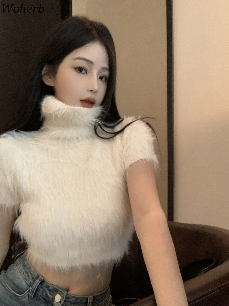 Turtleneck Cropped Sweater Women\'s Clothing Sueter Mujer Long Sleeve Casual Fashion Knitting White Pullovers Y2k Tops Pull Femme