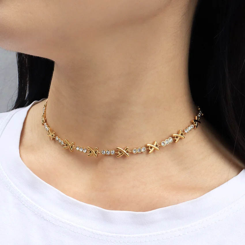 Round cz stone X chain choker necklace for women stainless steel dainty minimalist necklace french style high quality jewelry
