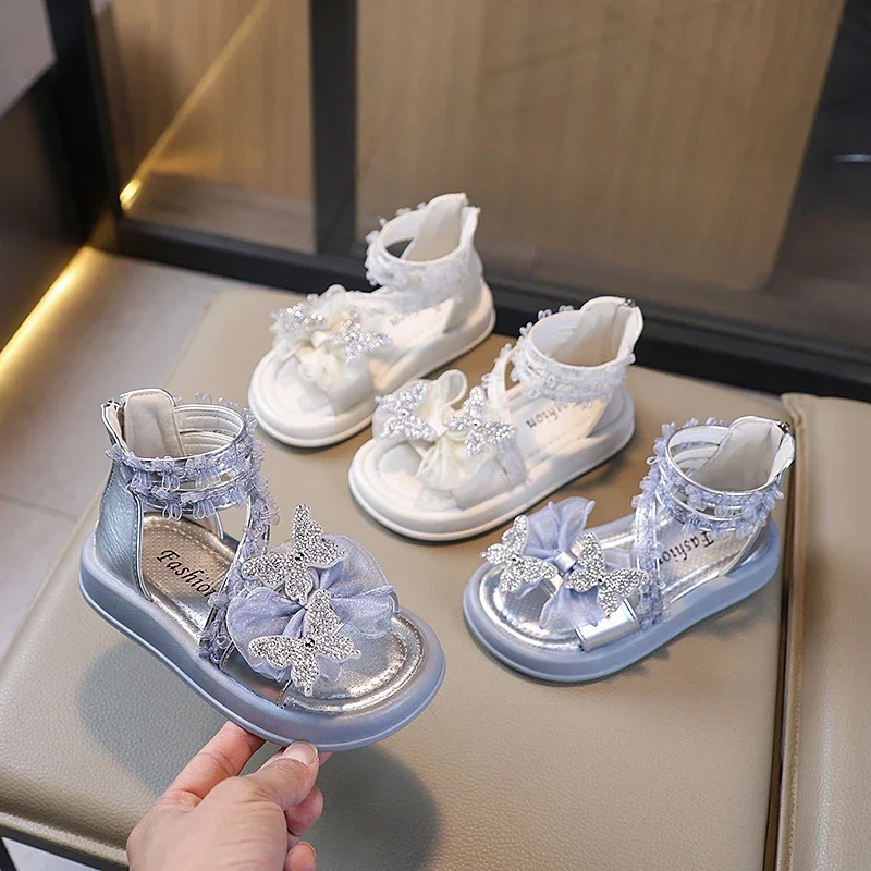 Children's Roman Sandals 2025 Summer New Rhinestone Butterfly Girls' Princess Shoes Soft Soled Non Slip Kid's Casual Beach Shoes