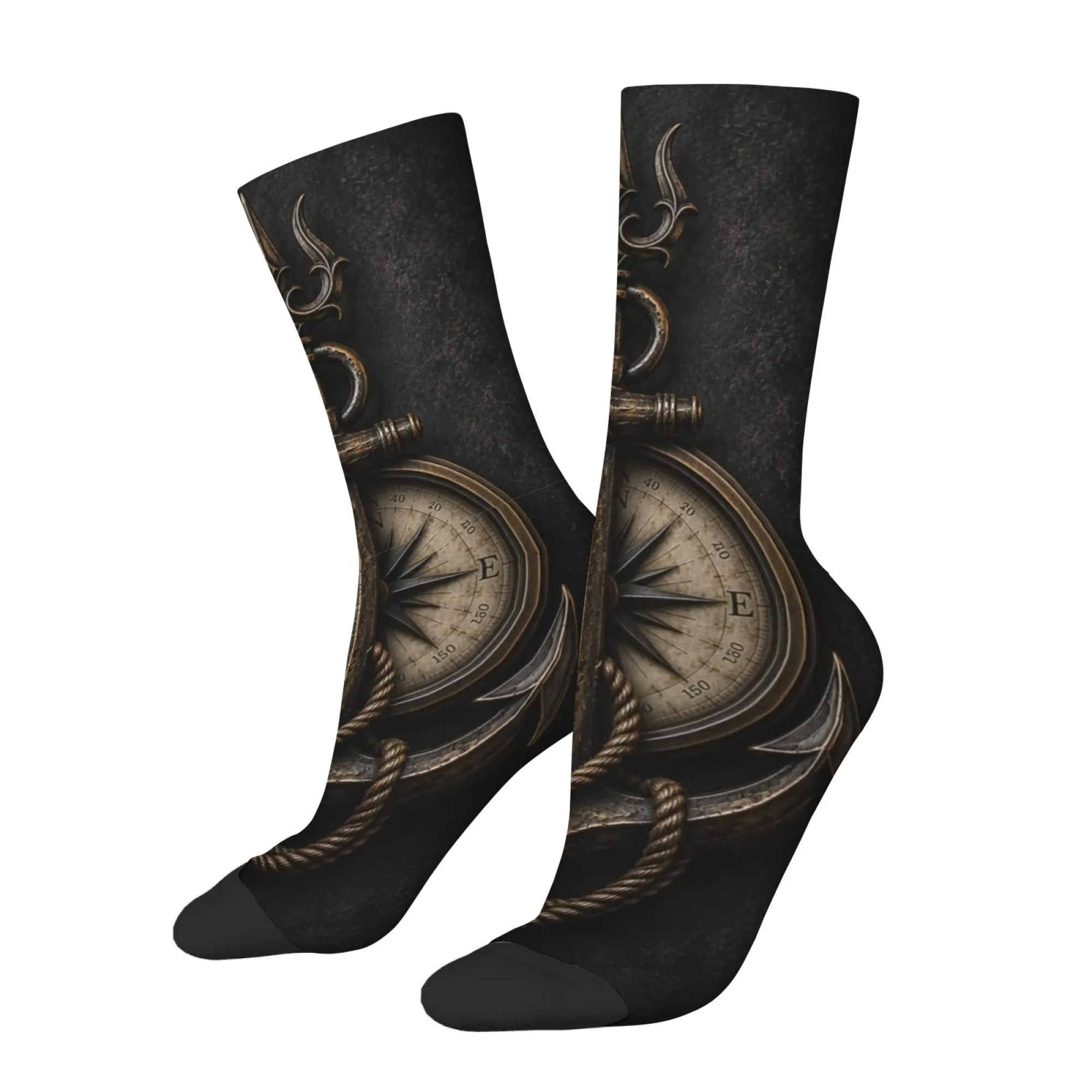 Anchor Compass Socks Non-slip Elastic Breathable Men's Socks Travel Leisure Hiking Retro Trendy Street Hip-hop Edgy Novel Socks