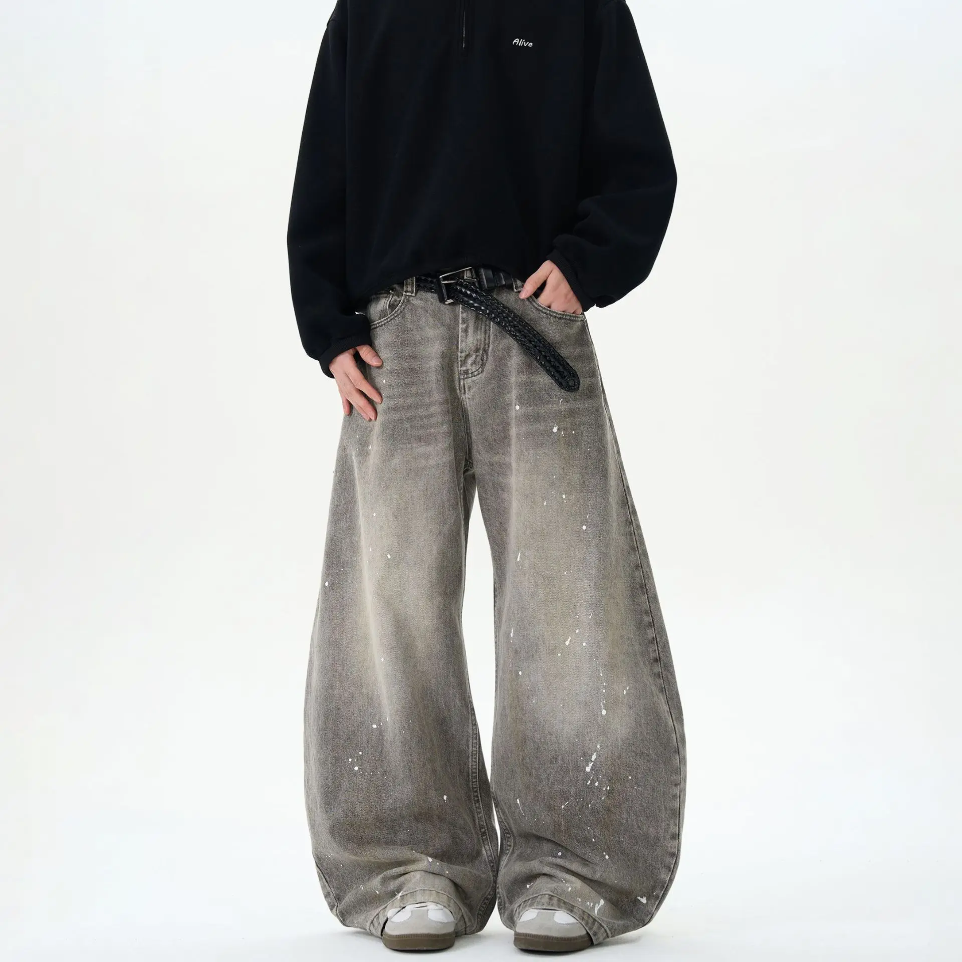 

American Retro Old Wide-leg Drape Jeans Men And Women Lazy Style Spring And Autumn Loose Casual Weak Current Scimitar Pants