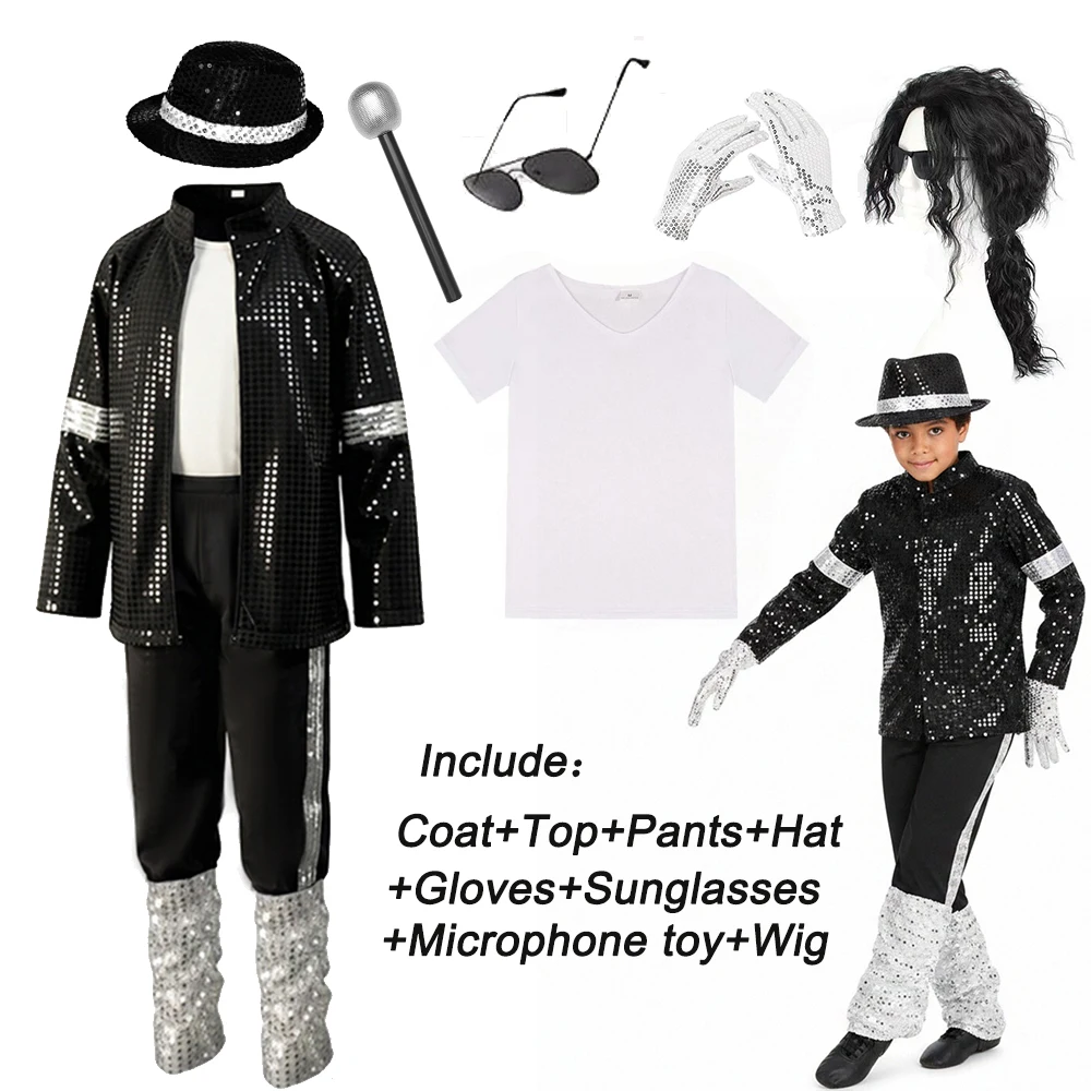 Kids Black Michael Jackson Sequin Costume Full Set Coat Top Pants Hat Halloween Stage Hip Hop Singer Cosplay Outfit