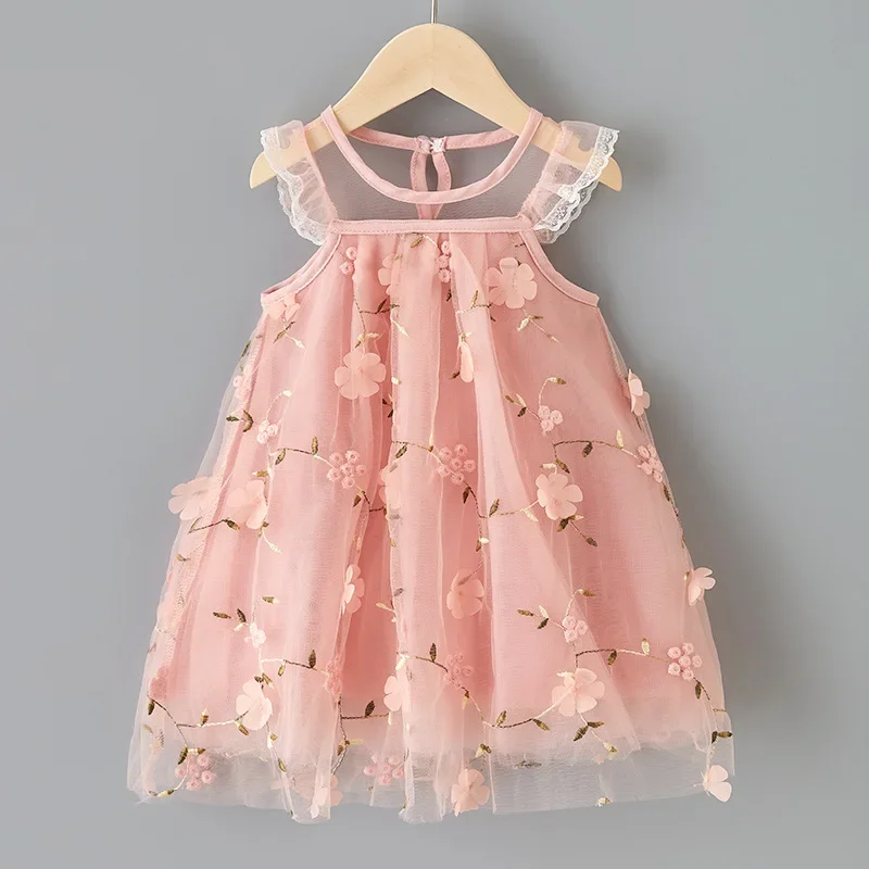 Summer 2023 new Korean version girl embroidered lace mesh dress girl baby super foreign gauze dress princess dress