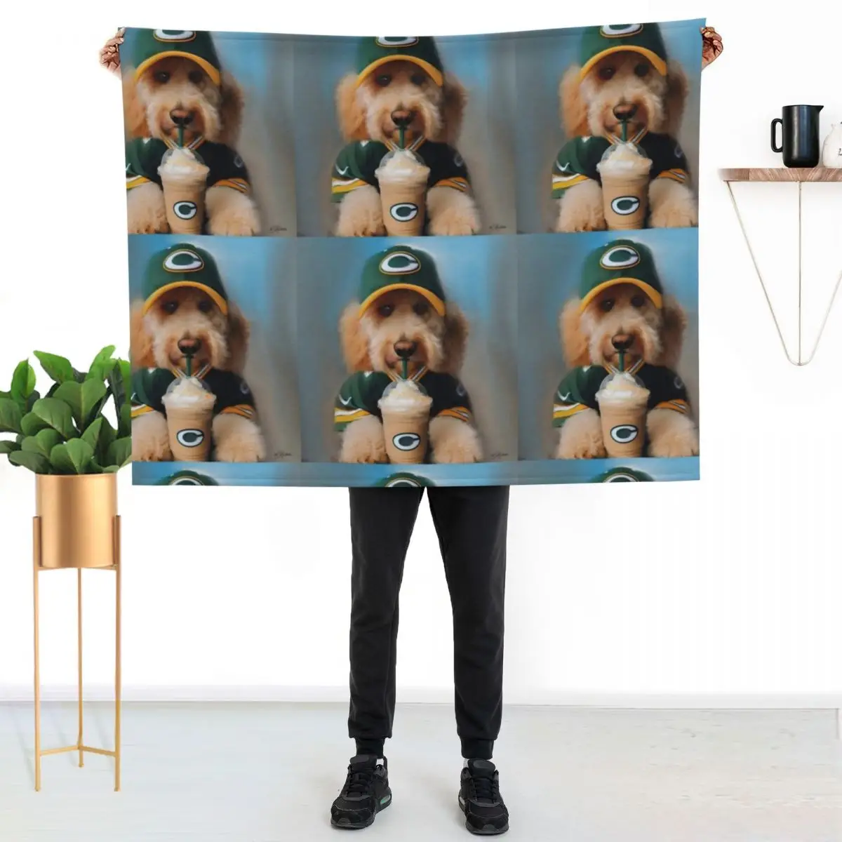 Funny Coffee Drinking Labradoodle Dog in Baseball Hat and Football Shirt Throw Blanket Hairy Blankets