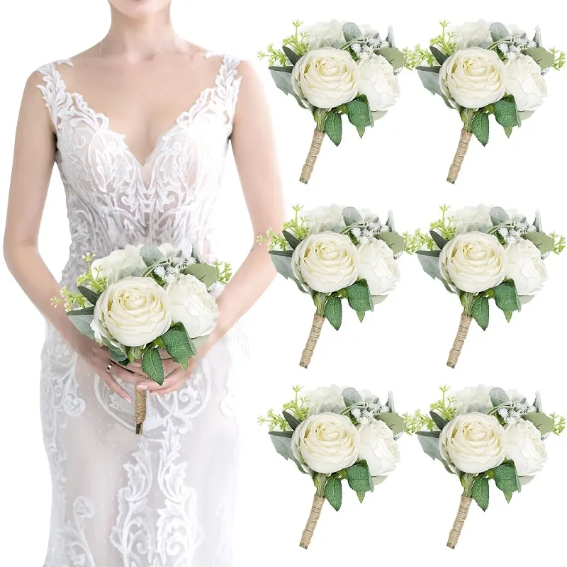 

Bridesmaid Bouquets Set of 6 - Ivory White Artificial Flowers Bouquet for Bridesmaids Wedding Small Floral Centerpieces for Marr