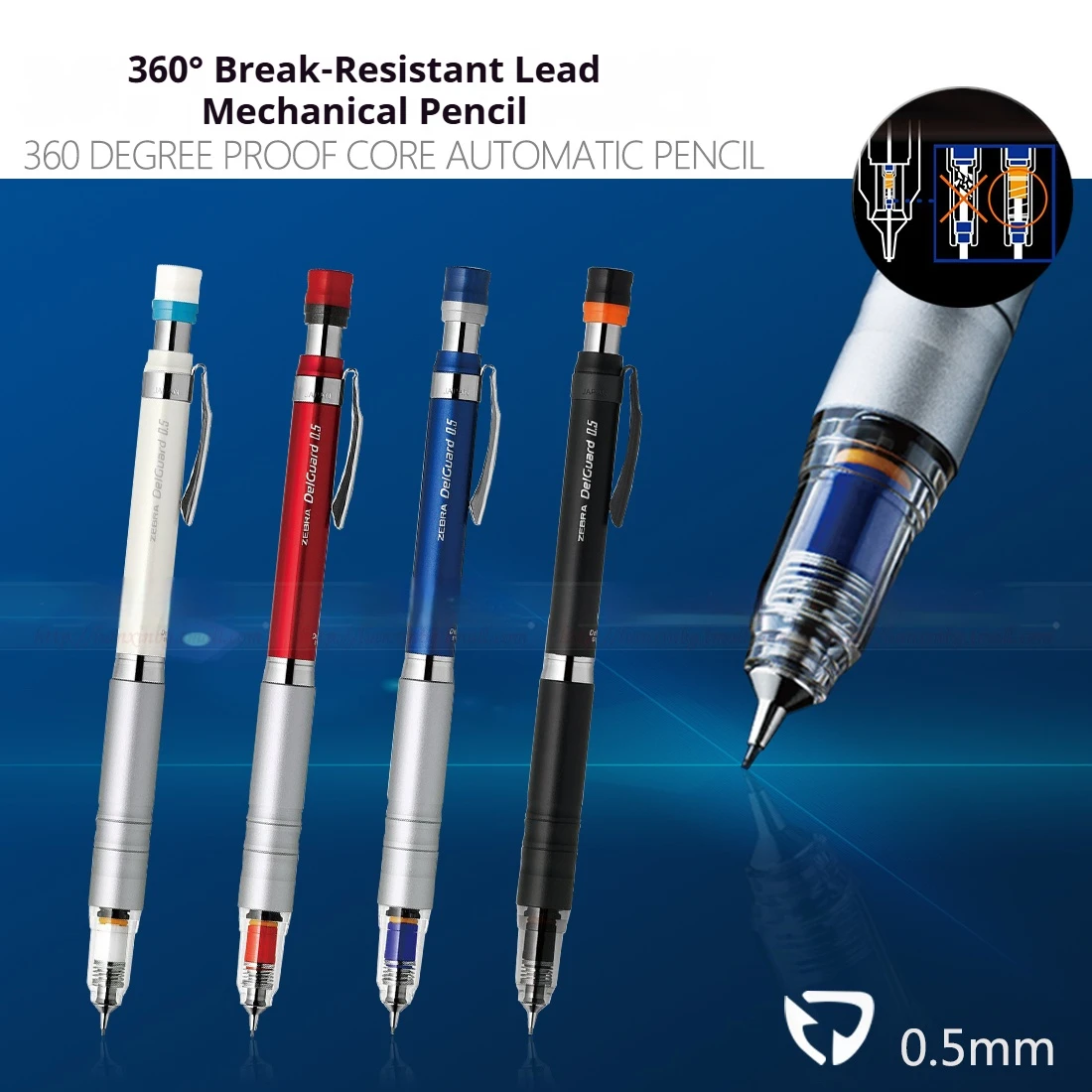 ZEBRA Mechanical Pencil DelGuard 0.5mm Anti-Break Lead Low Center Metal Body Automatic Pen Value Students Professionals Supplies