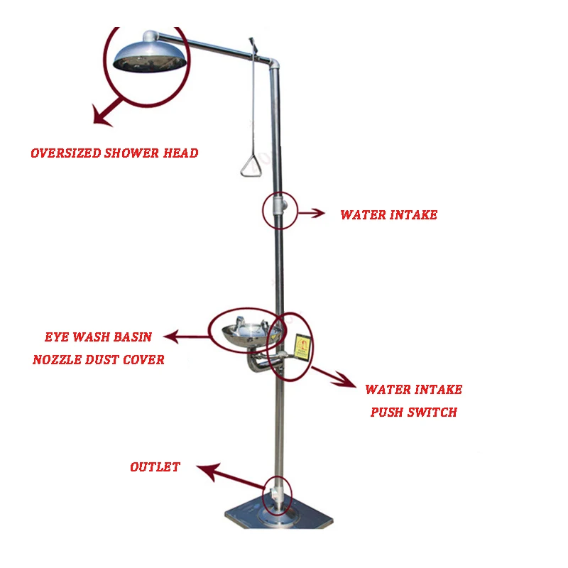 304 Stainless Steel Composite Emergency Shower Eyewash，Factory Inspection Vertical Double Eye Washing Shower Set