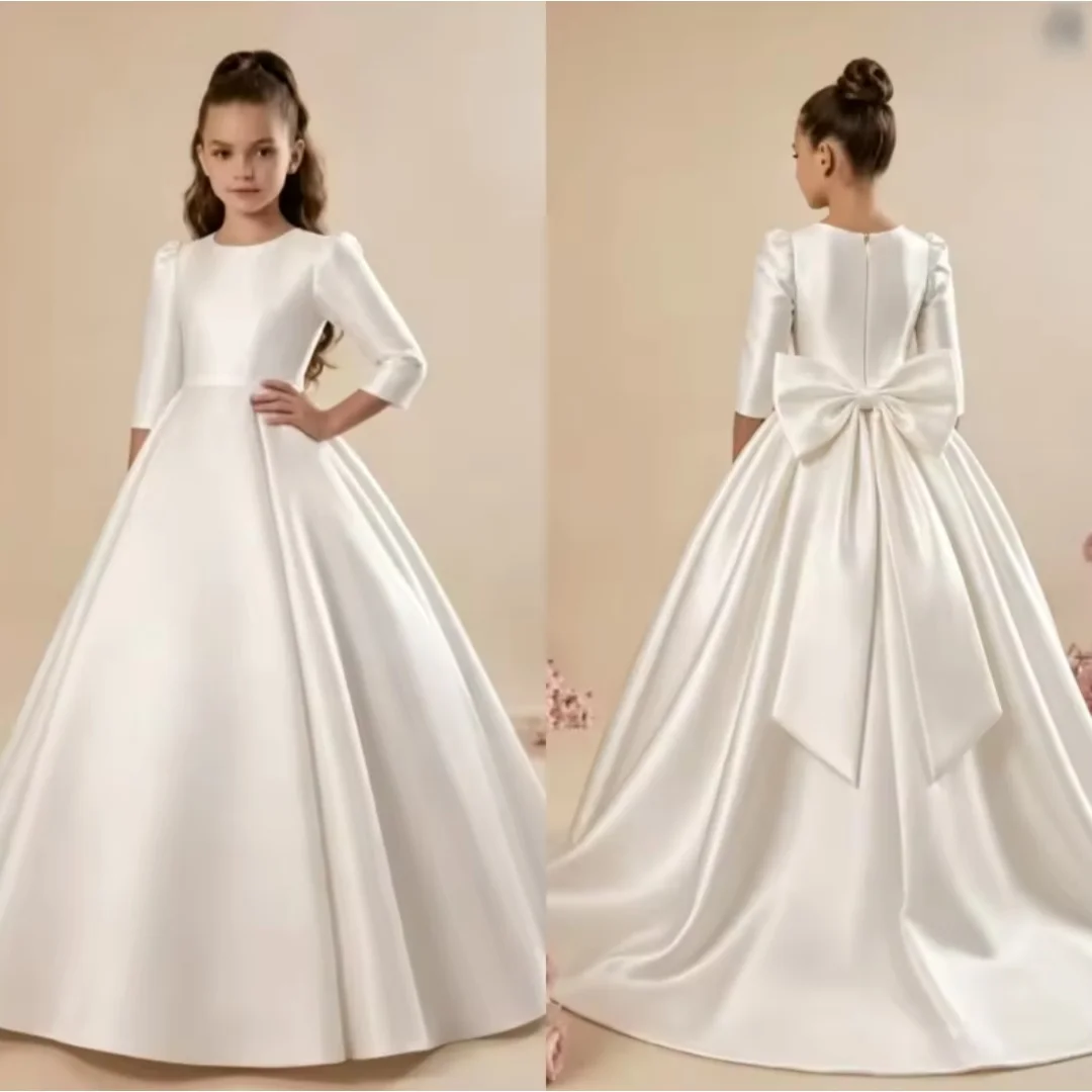 White Satin Flower Girl Dress 3/4 Sleeve Big Bow Back Trailing Ball Gown Kids Wedding Communion Birthday Pageant Formal Dresses