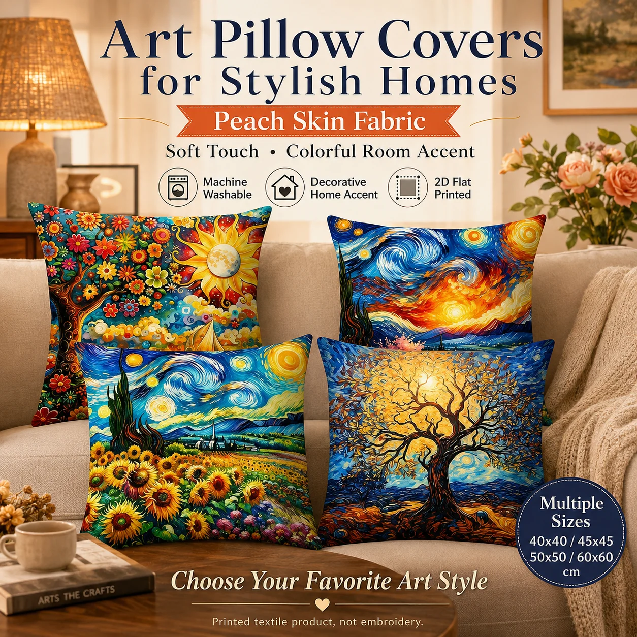 

Artistic Sunflower Tree of Life Pillow Cover 2D Flat Printed Peach Skin Floral Pillowcase for Bedroom Sofa Couch Home Decoration