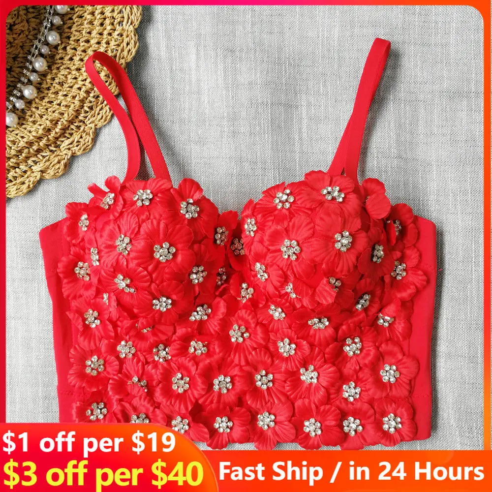 

Sleeveless Fashion Sexy Corset Crop Top Vest Female Rhinestone Diamond Flower Appliques Backless Bustier Top Camis Bra Wholesale