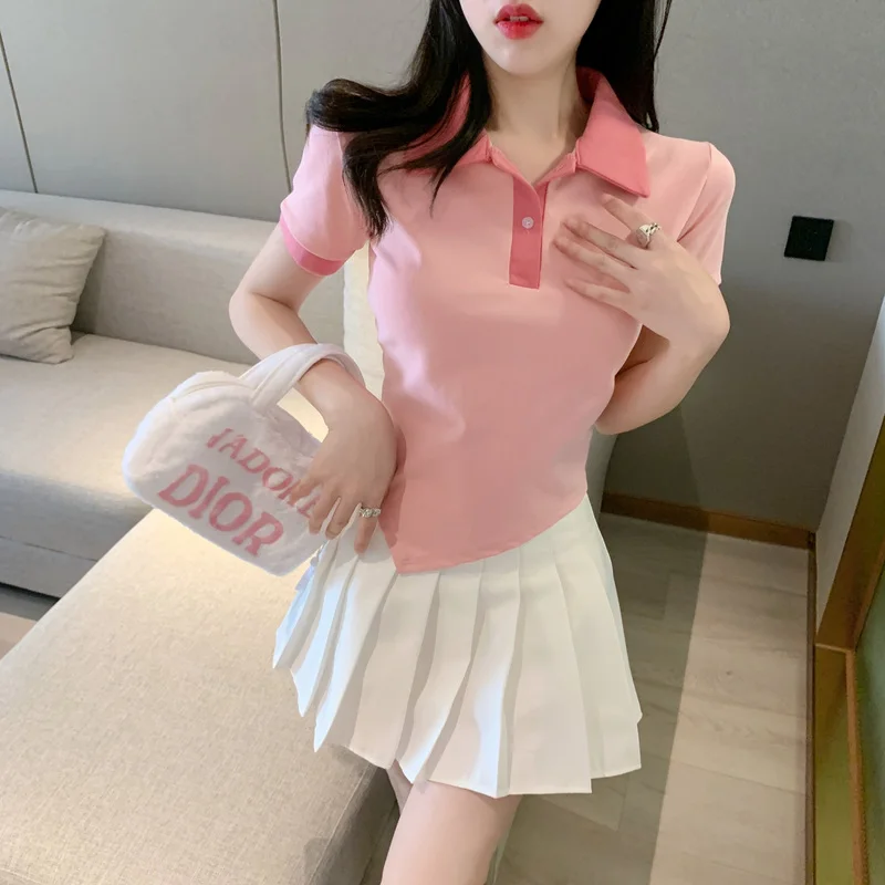 

Pure Desire Sweet Spicy Short Shirt Short Sleeve Women's Fashion Color Block High Waist Pleated Skirt Korean Style ...
