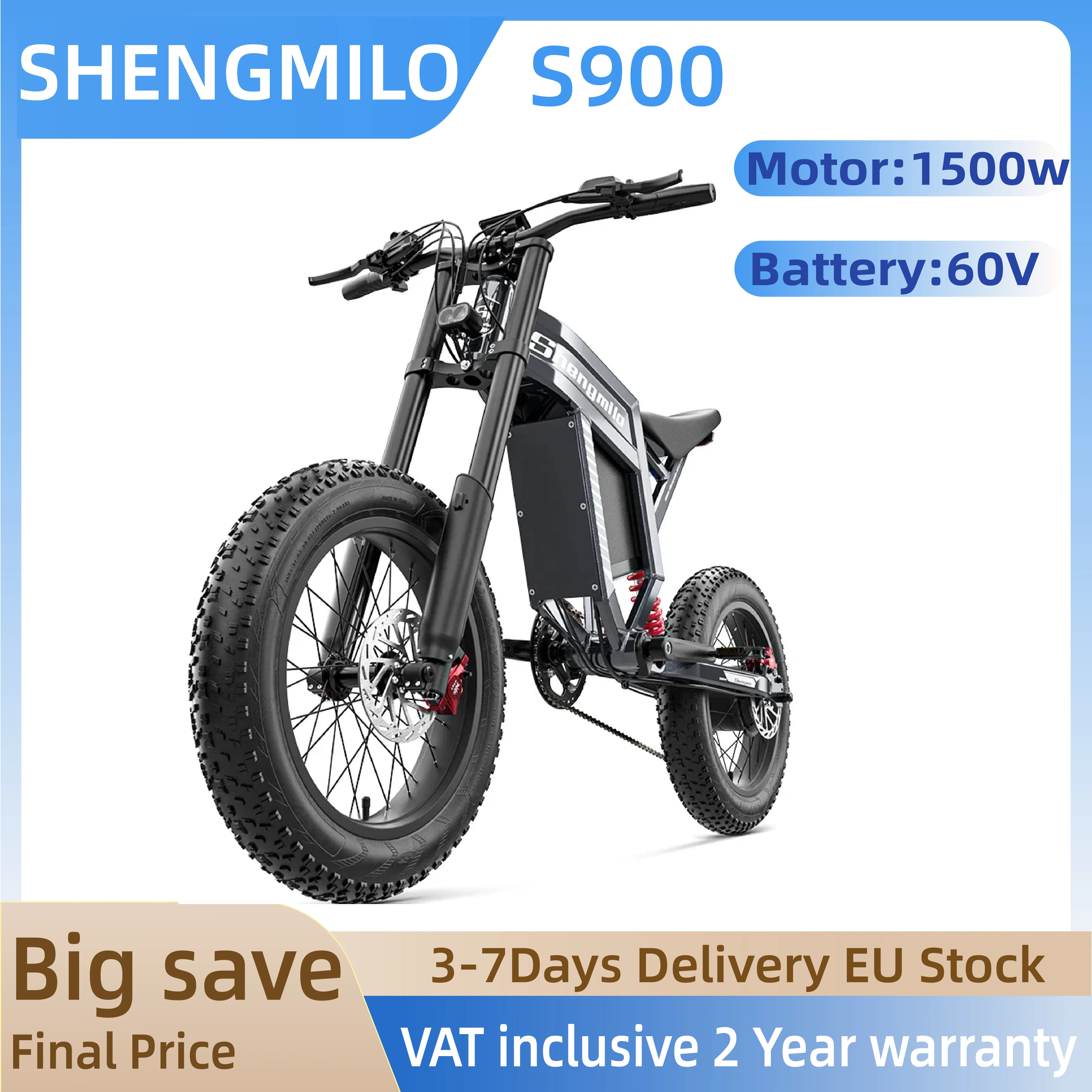 Shengmilo S900 Electric Bike For Adult 1500W60V30Ah Battery Mountain Off-Road Motorcycle 20*4.0 Inch Fat Tire E-bike Bicycle
