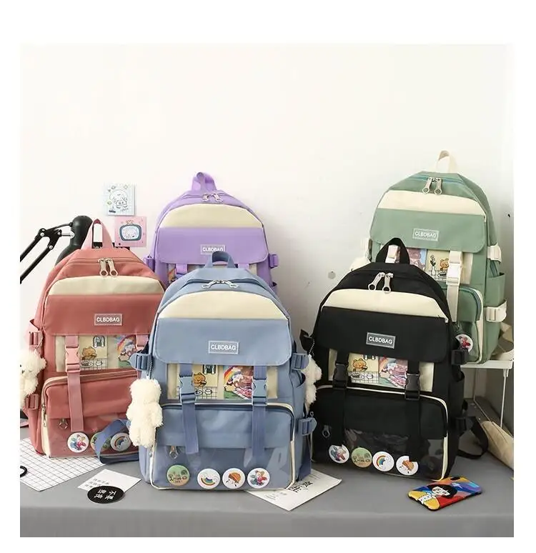 

4 Pcs Lovely Women Backpack And Pencil Case Set Student Canvas Student School Bag For Teenager Girls Wallet Handbag Set