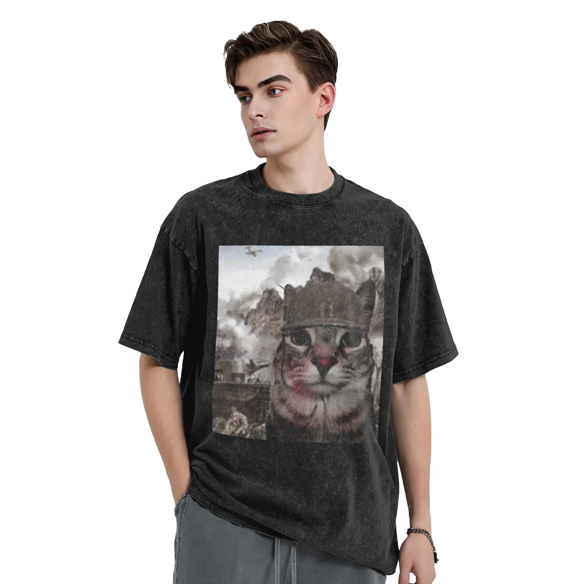 Funny Soldier Cat Classic Trendy A Washed T Shirt Men's Women's Oversized Cotton Tees Tops