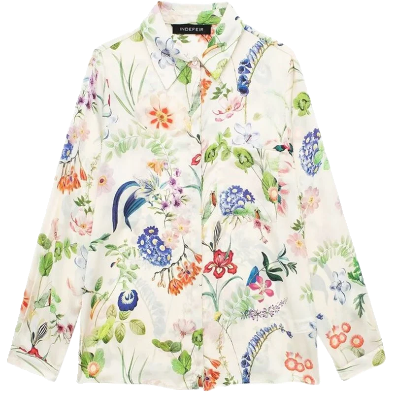 เสื้อผ้าผู้หญิง ฤดูใบไม้ผลิ 2024 ลายดอกไม้แฟชั่น ผ้าไหม ทรงตรงอเนกประสงค์ แขนยาว ความยาวคลาสสิก คุณภาพพรีเมียม