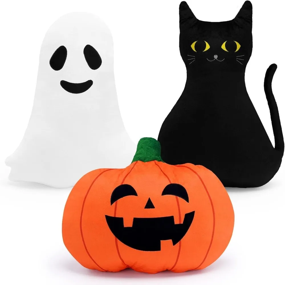 

Cuddly Halloween Ghost and Black Cat Decorative Pillows for Sofa, Plush Pumpkin-Shaped Throw Pillows
