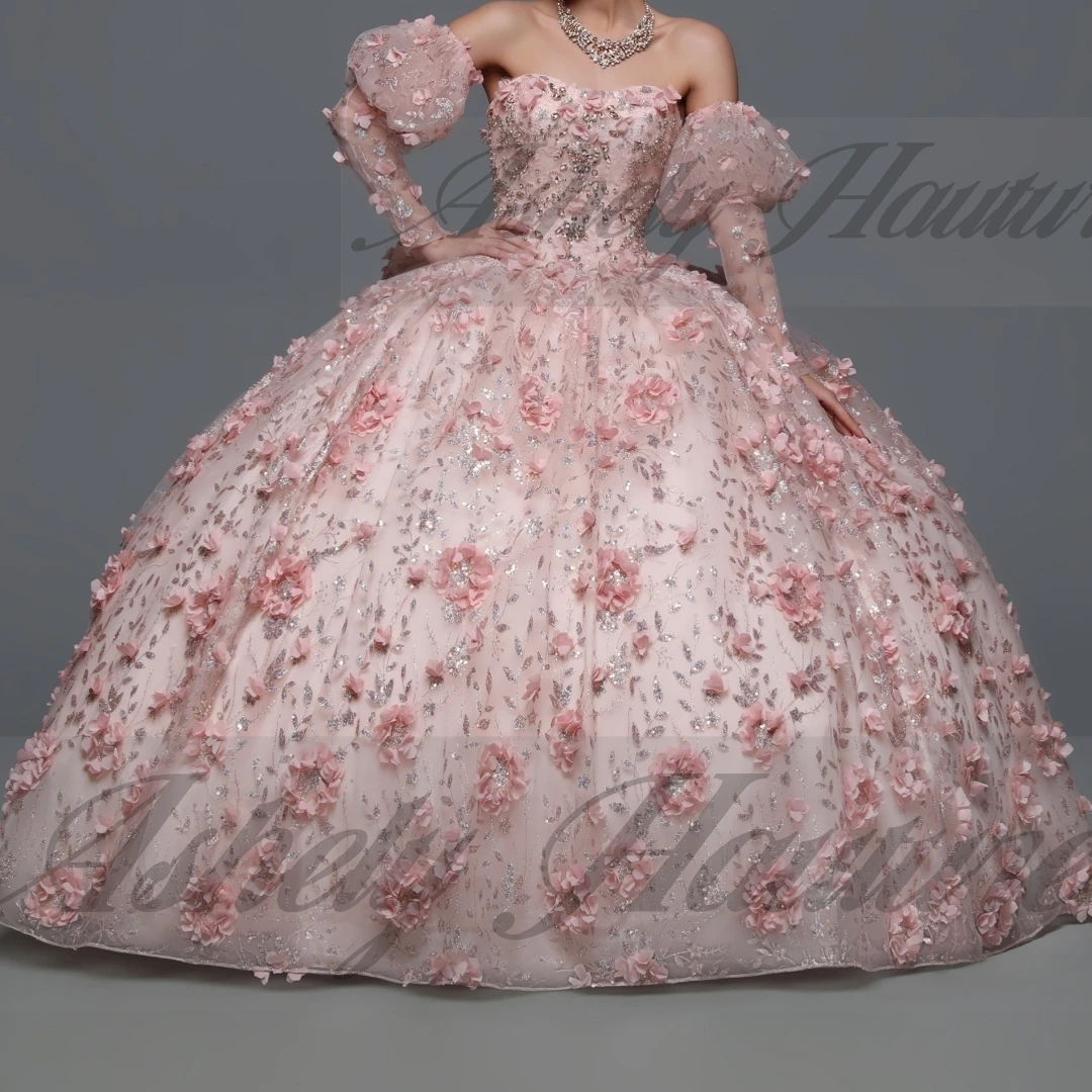 

Customized Luxury Pink Flower Quinceanera Dress Detachable Sleeve Crystal Lace Up Bow Ball Gown Women Prom Birthday Party Dress