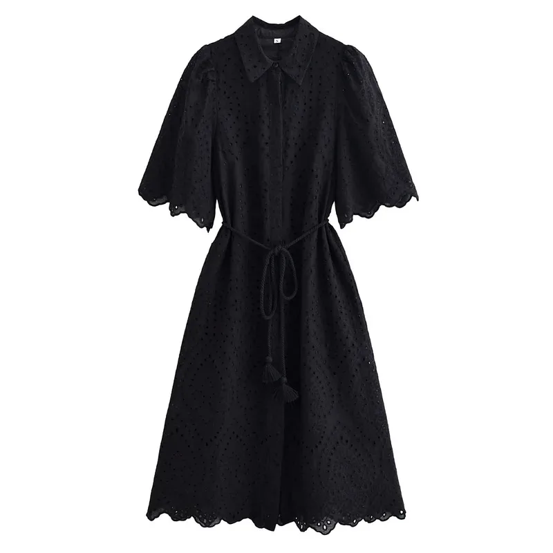 ผู้หญิงRetroฤดูร้อนMidiเสื้อHollowเย็บปักถักร้อยLace-Up Bowknot ElegantหลวมStreetwearเสื้อผ้า