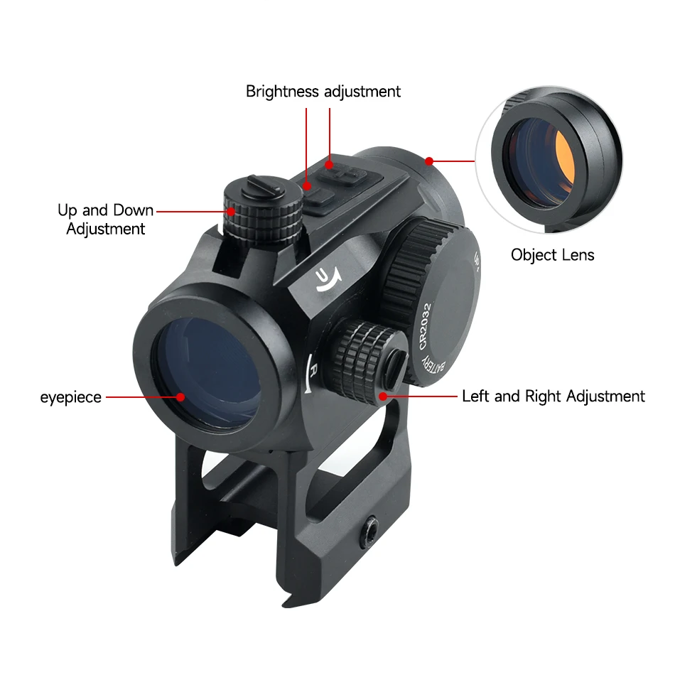 BD02N / BD04N مقاوم للماء للصدمات منظر نقطة حمراء منعكس نطاقات بندقية بصرية تكتيكية مع قاعدة ارتفاع لتركيب السكك الحديدية 20 مللي متر