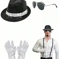 Michael Jackson Costume Accessories Set - Sequin Fedora Hat + Rhinestone Gloves + Aviator Sunglasses, Halloween Cosplay Party Dr 2