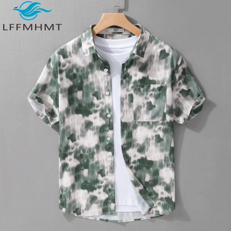 

727 Vintage Print Loose Casual Men's Shirt Summer Fashion Soft Comfortable Short Sleeve Business Style Leisure Blouse Daily Tops