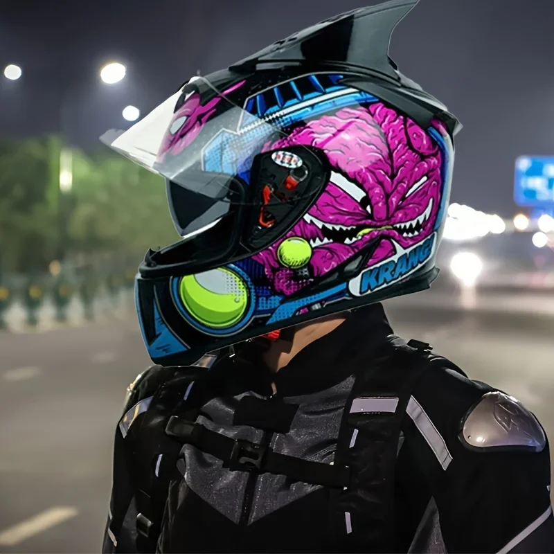 

Big Villain Blue Motorcycle Helmet with Dual Visors and Horns - Full Coverage, ABS Safety Cap for Men