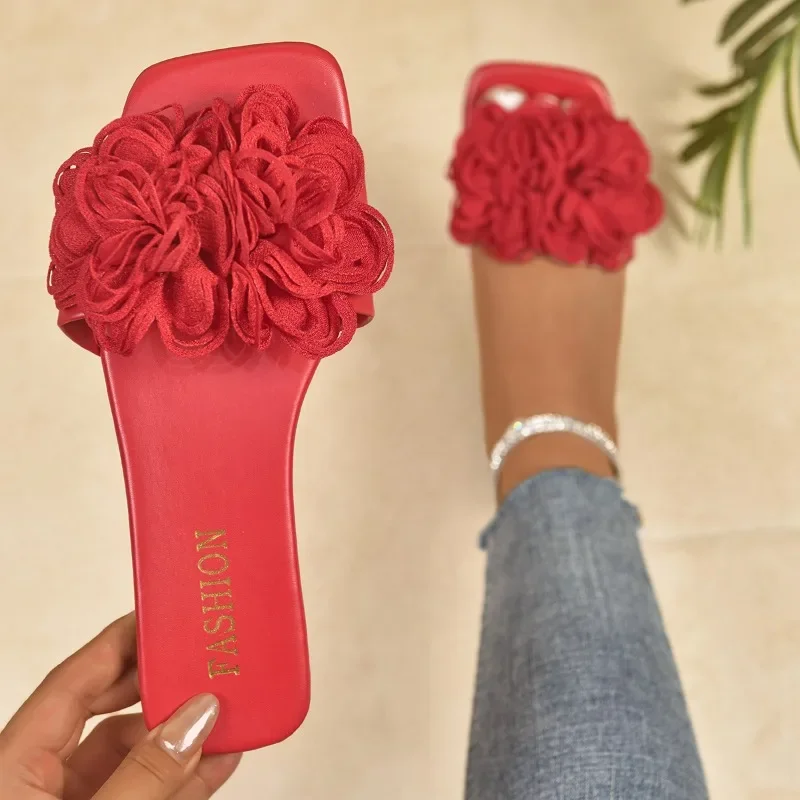 Neue Sommer-Damen-Slipper mit eckiger Zehenpartie, luxuriöse, floral verzierte flache Sandalen, modische, niedrig geschnittene Hausschuhe – Detail 14