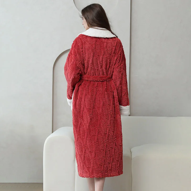 Autumn Winter New Lapel Comfortable Warm Bathrobe Ladies Loungewear Jacquard Comfortable Cotton Wool Pajamas