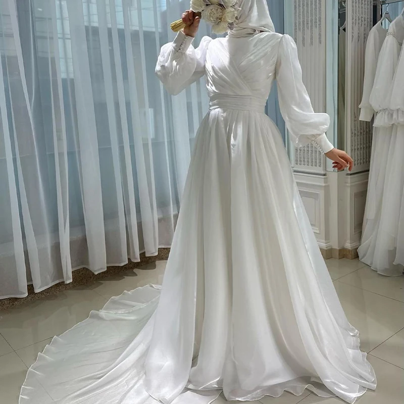 ชุดเจ้าสาว gaun pengantin muslimah 2024เสื้อคอยาวสูงยาวคลุมเข่าแบบยาว