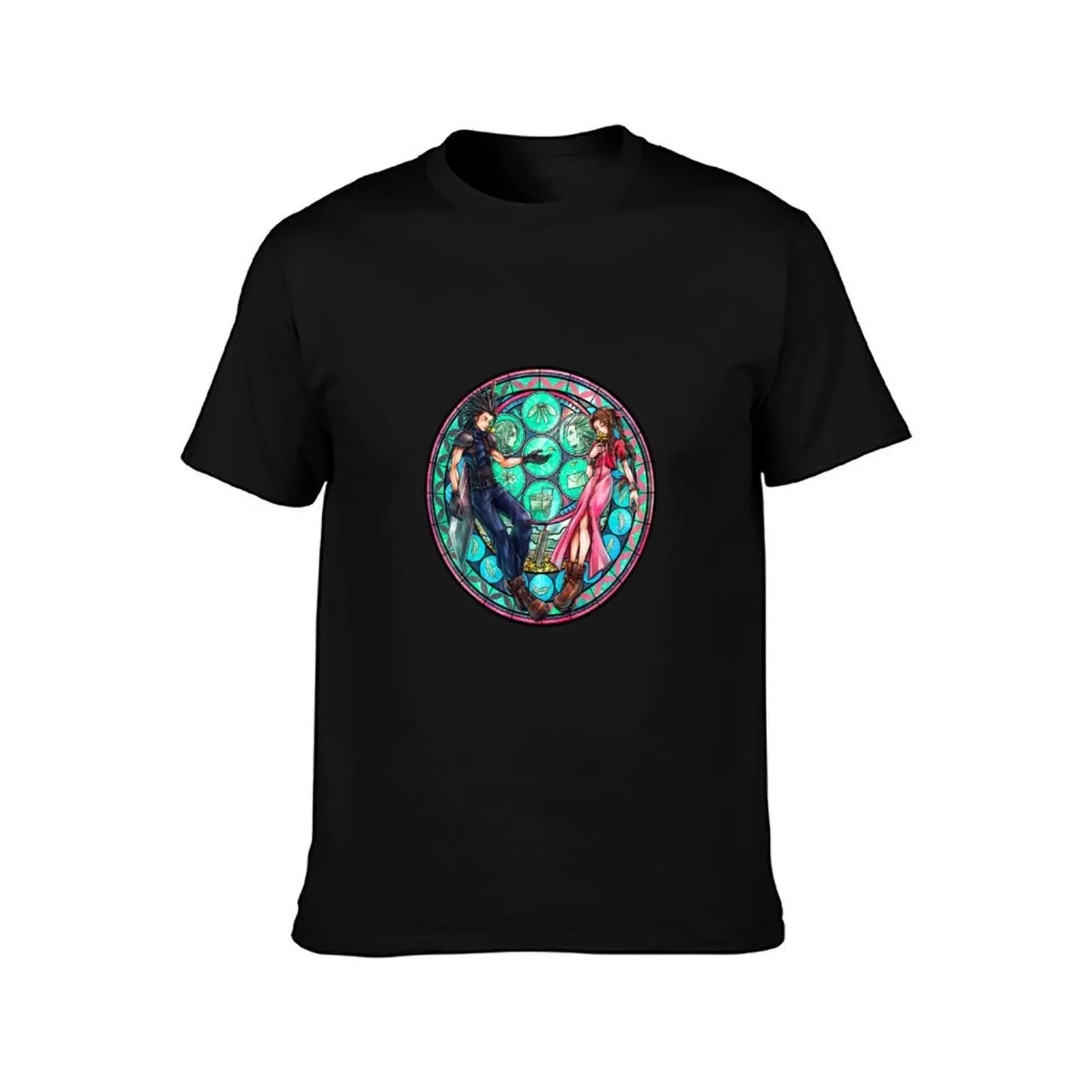 Zack and Aerith Stained Glass T-Shirt Work Utility Short Sleeve Shirt