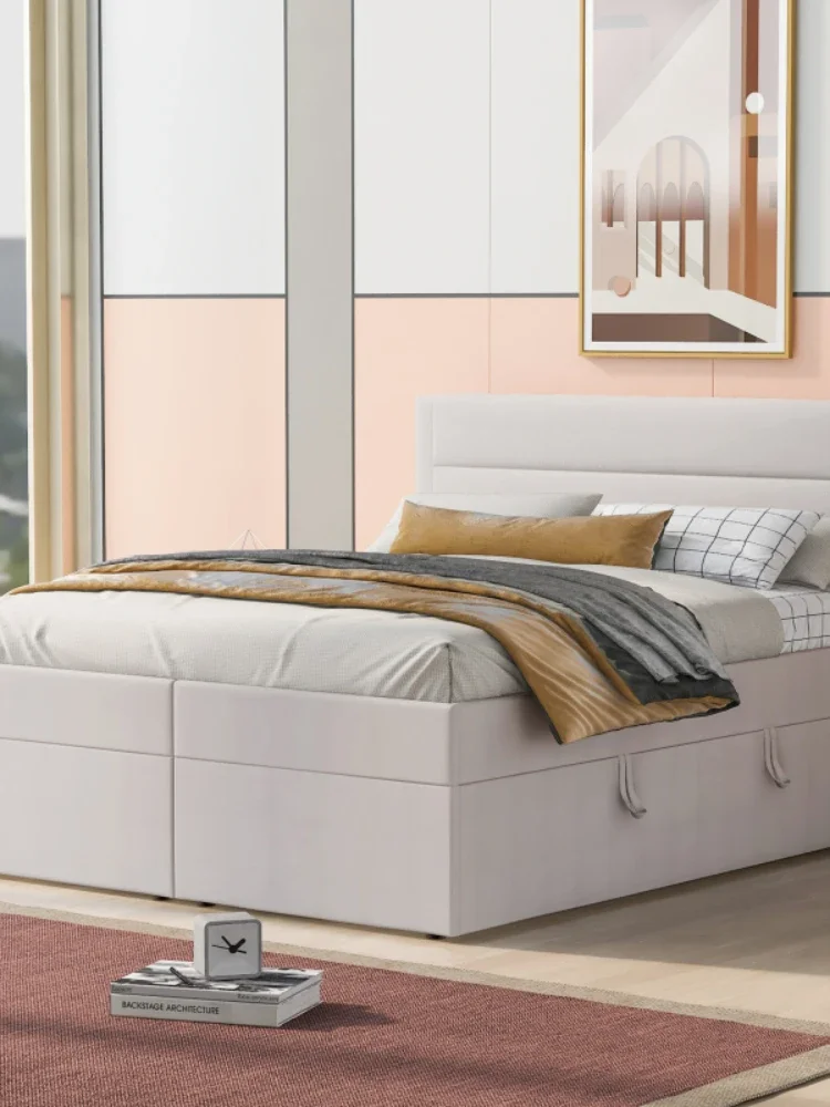 Beige Queen Size Upholstered Platform Bed with Storage Underneath, Easy to assemble for indoor bedroom furniture