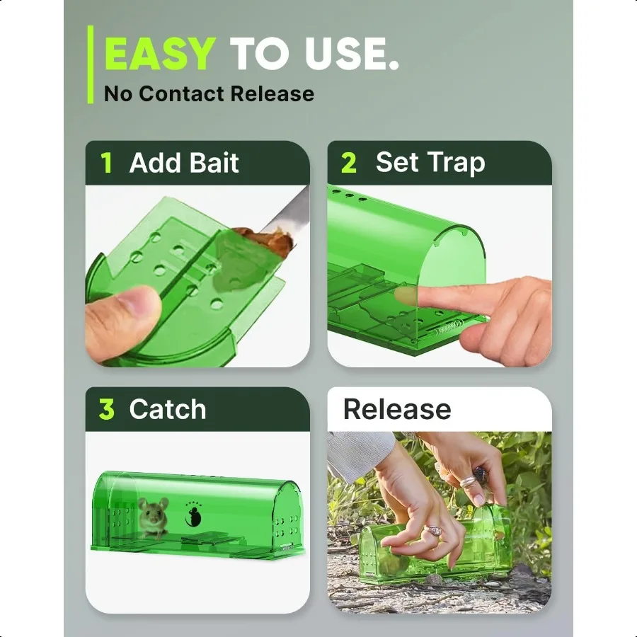 Humane Mouse Traps No Kill Live Catch and Release 4 Pack Reusable Easy to Use Clean No Touch Release Sensitive Includes Cleanin