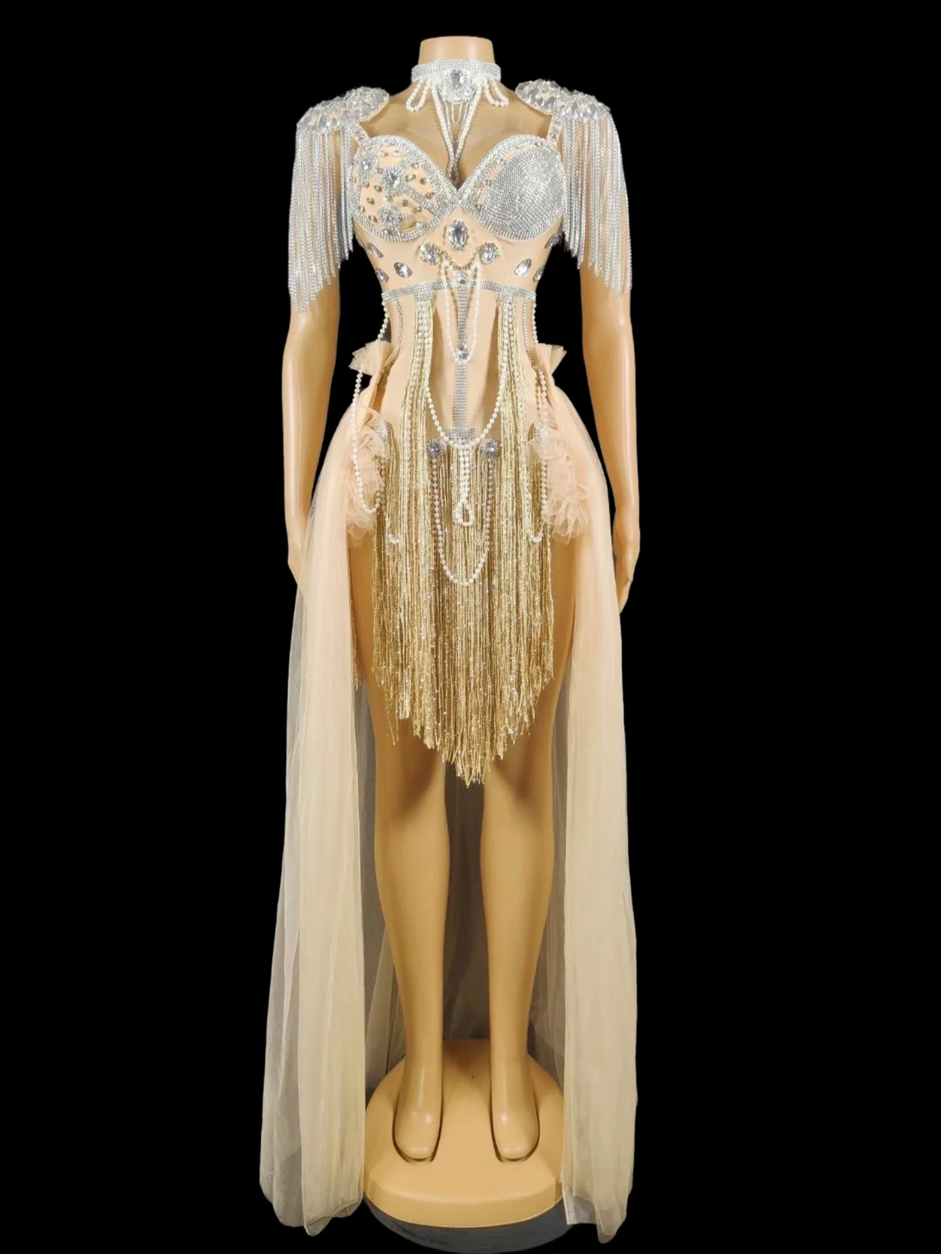 Shining Vrouwen Parels Jurk Verjaardag Vieren Outfit Met Tailing DJ Gogo Zanger Bar Nachtclub Jazz Prestaties Show Wear