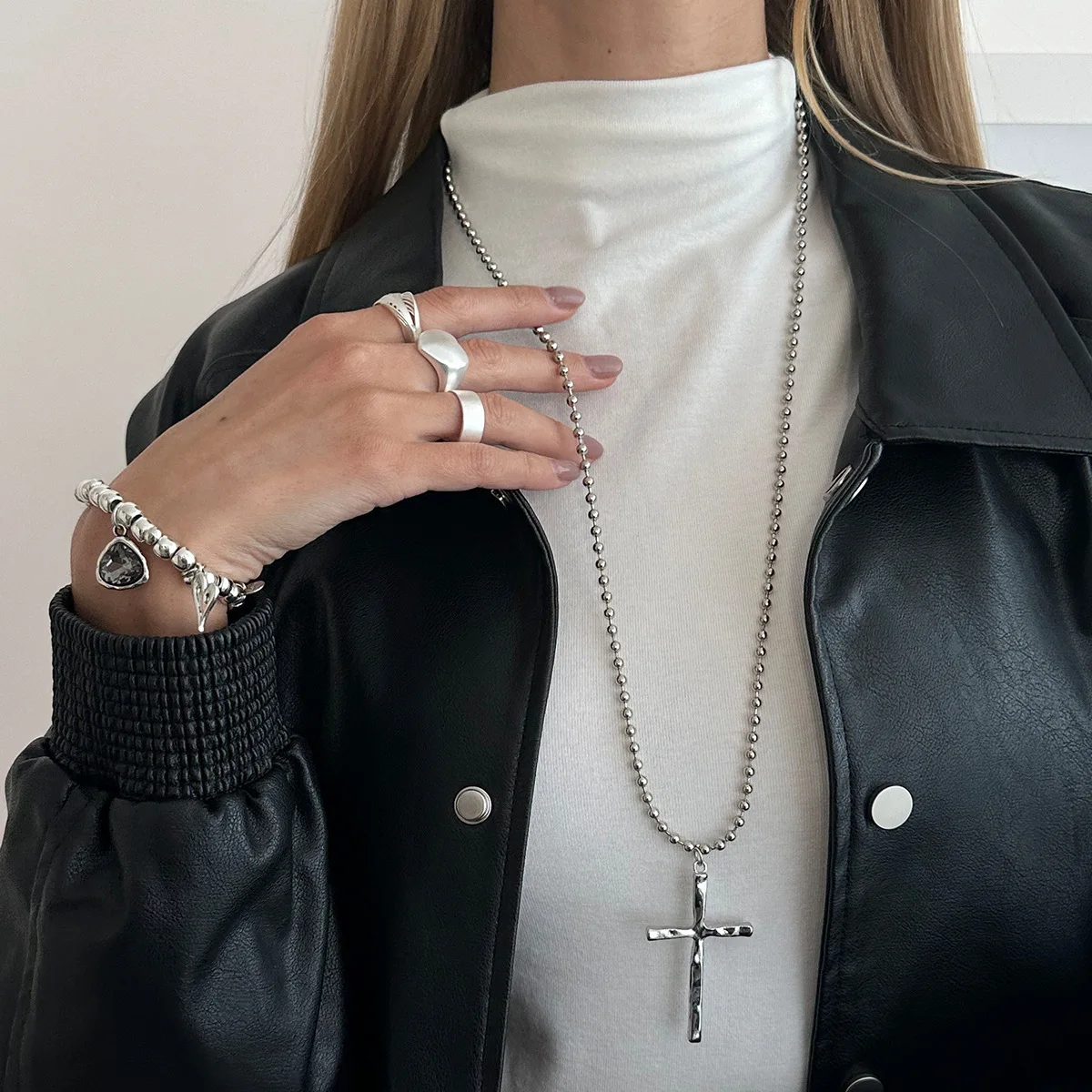 Cross Pendant Necklace Hammered Pattern Ball Chain Long Sweater Casual Office Wear Lightweight Rose Gold Tone Jewelry