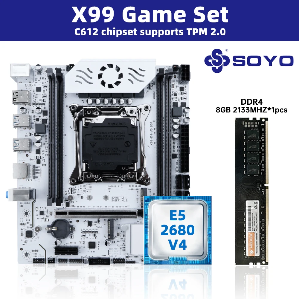 طقم اللوحة الأم SOYO White X99 مع وحدة المعالجة المركزية E5-2680 V4 وDDR 2133MHZ 8GB * 2 = 8GB RAM LGA2011-3 C612 شرائح ثنائية القناة DDR4 M.2