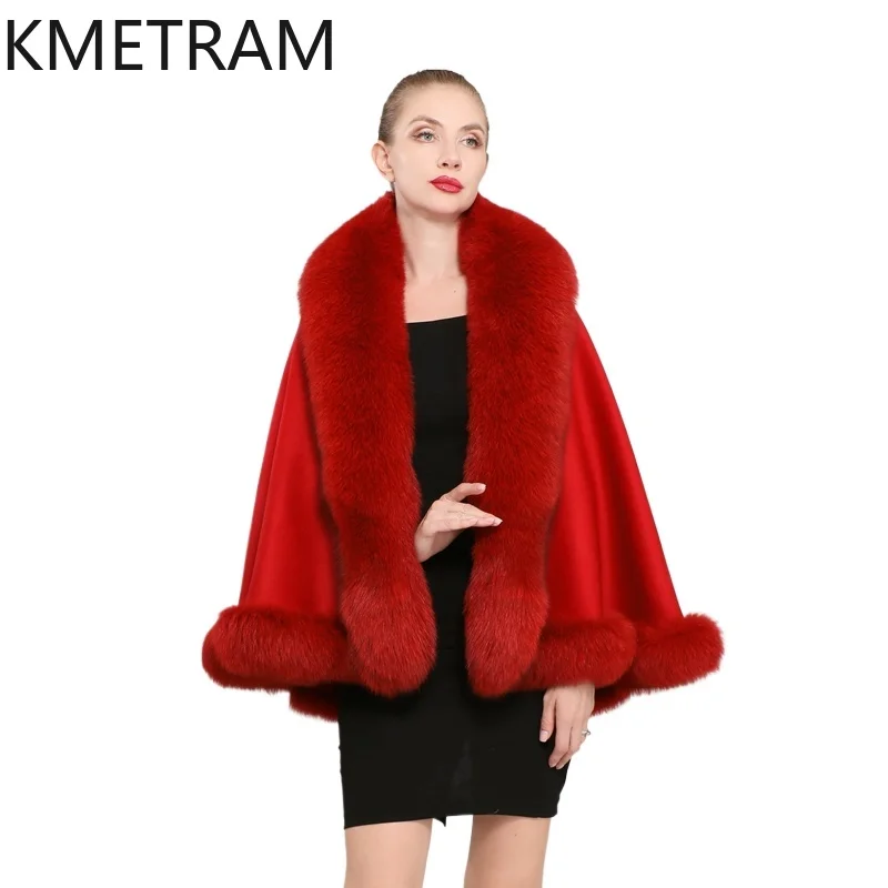 90% Wool + 10% Cashmere Cloak with Fox Fur Collar Short Real Fur Coat Woman Winter Red Party Shawl Coats Women Clothing 2025