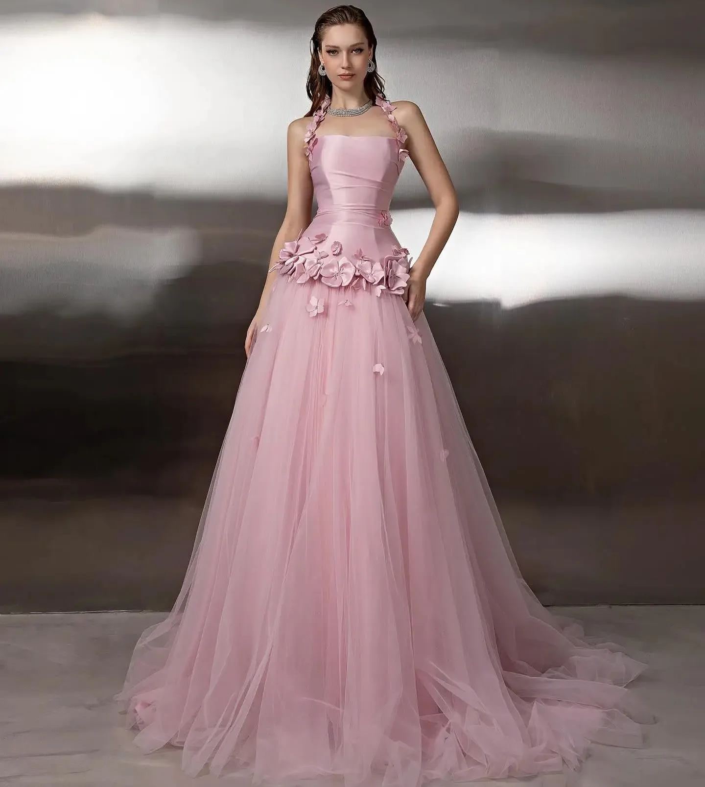 Robe De soirée De bal rose Vintage, col licou, sans manches, fleurs 3D, Satin, Tulle, robes formelles d'anniversaire, 2026