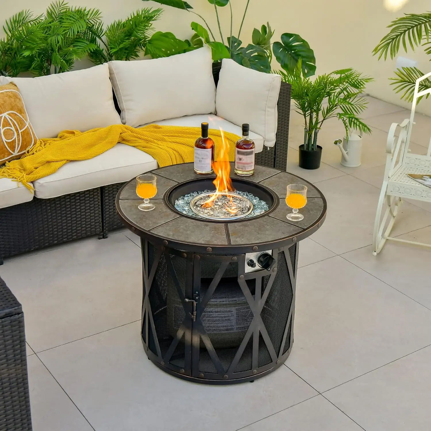Round Propane Gas Fire Pit Table 32000 BTU Ceramic Tile Top with Fire Glass & PVC Cover for Backyard Poolside Patio, Customized