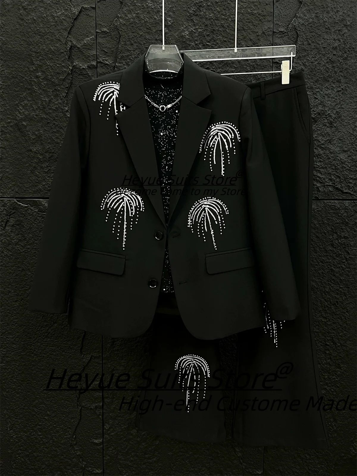 

Shiny Black Prom Men Suits Customized Slim Fit Notched Lapel Groom Wedding Tuxedos 2Pieces Sets Male Party Blazers Costume Homme