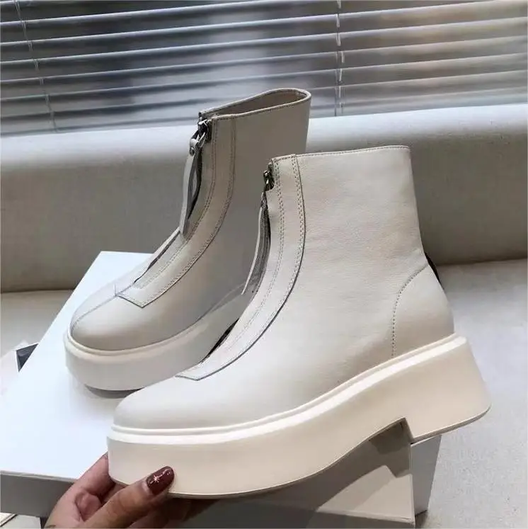 Genuine Leather Zipper Matte Waterproof Platform Modren Boots Minimalism Rock Punk Style Mid Calf Boots Round Toe Catwalk Boots