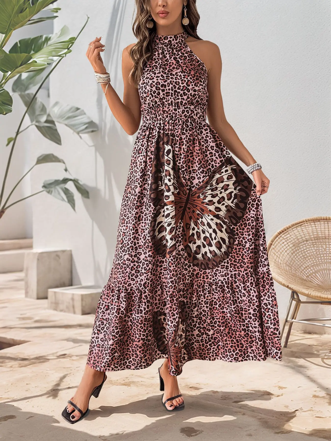 

Casual Leopard Print Butterfly Printed Dress Summer New High Waist Sleeveless A-line Long Dress Fashion Vacation Style Dresses