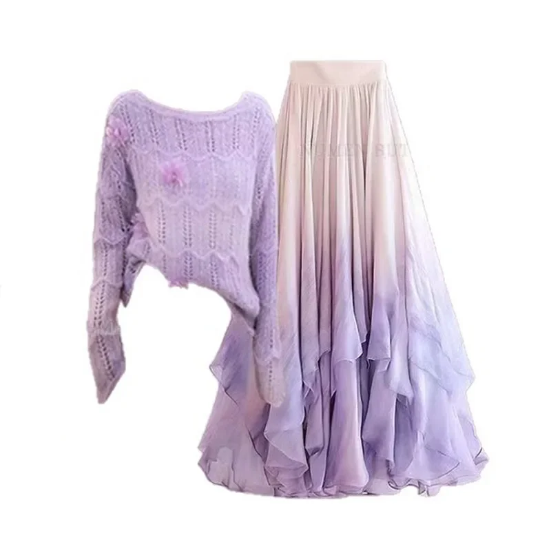 مجموعة الخريف من سترة المرأة اللطيفة والأنيقة المحبوكة الناعمة واللزجة المقترنة مع التعادل صبغ التخسيس نصف تنورة قطعتين مجموعة #2