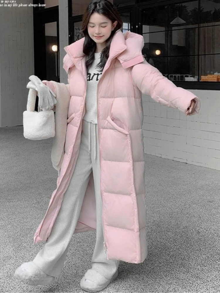 

High-quality Mid-length Thick Warm White Duck Down Coat Down Jacket Women Outerwear Windproof Trench Coat Hooded Snow Clothing
