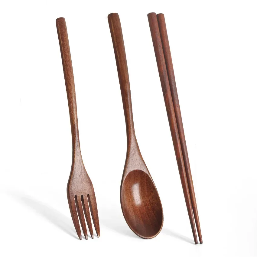 3 PCS Set Wooden Spoons Forks Chopsticks with Tangled Threads of Long Handled Solid Wood Adult Portable Spoons Forks Tableware image 5