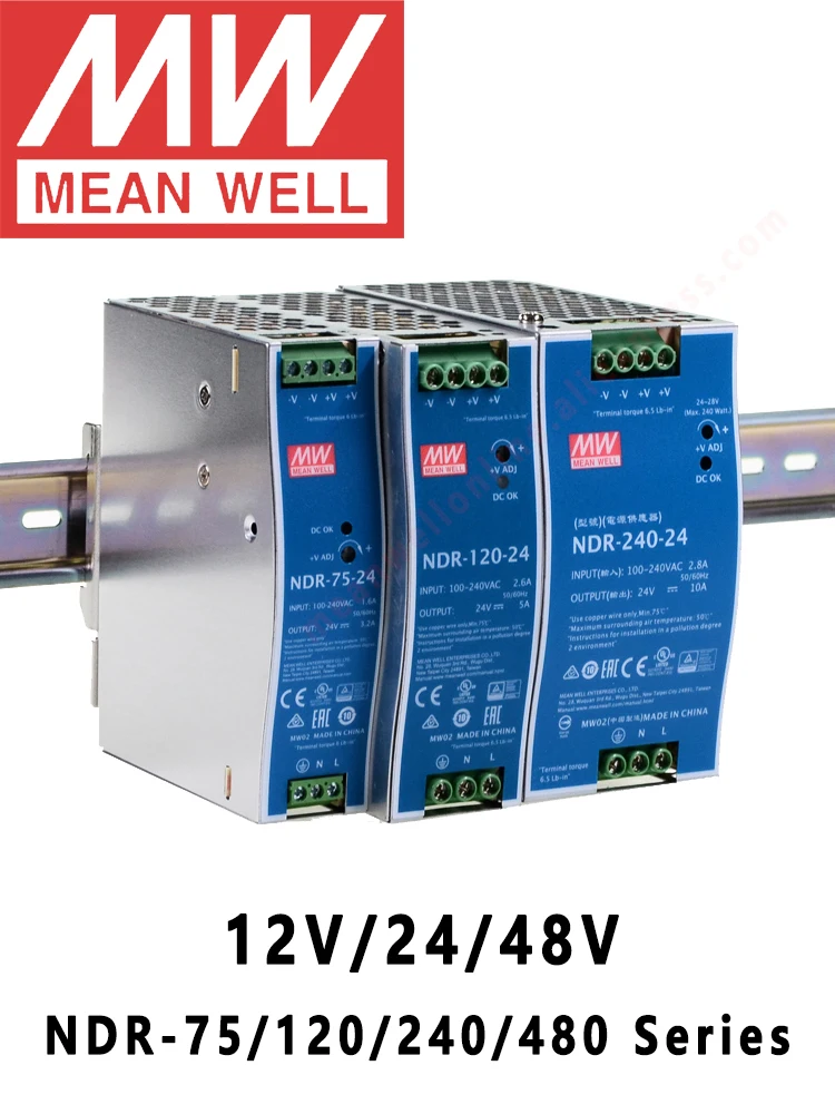 Imagem -02 - Média Well-ndr48024 Meanwell Única Saída Original Fonte de Alimentação Industrial do Trilho do Ruído dc 24v 20a 480w