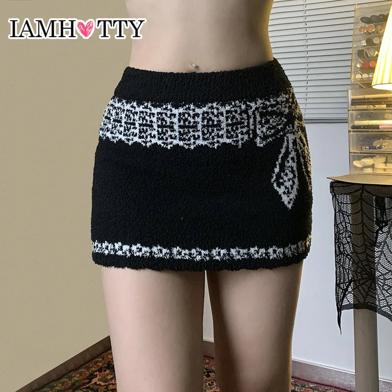 IAMHOTTY Lace Bow Graphic Sweater Skirt Dark Academia High Waist Bodycon Skirts Y2K Aesthetic Knitted Bodycon Mini Skirts Women