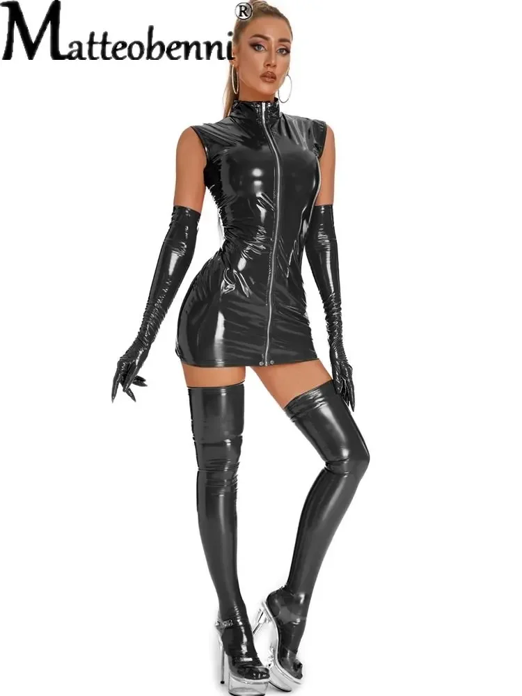 Sexy Leather Dress Female Bodysuit Oversized Women Zipper Catsuit Sexy Latex Lingerie Stockings Club Dress Cosplay Sexy Dress